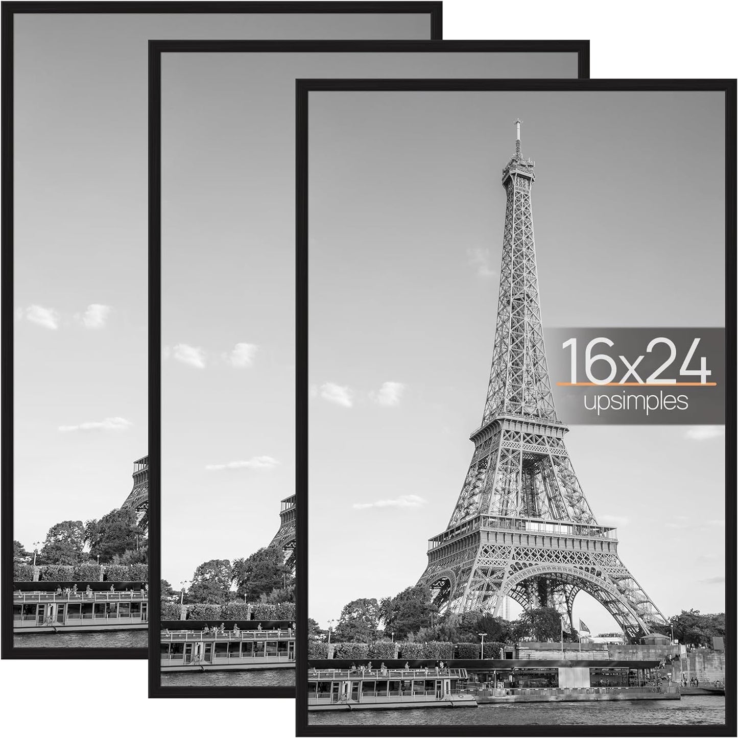 upsimples 18x24 Picture Frame Black 3 Pack, Scratch-Proof Poster Frames 18 x 24 for Photo Gallery - Slide-In Strips, Horizontal or Vertical Wall Mounting