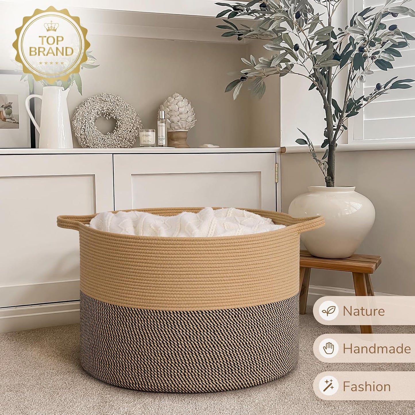 INDRESSME XXXLarge Blanket Basket for Living Room 21.7" x 21.7" x 13.8"-Storage Basket with Handle for Organizing Toy Pillows Woven Cotton Rope Laundry Basket Stuffed Animal Toy Storage for Play Room