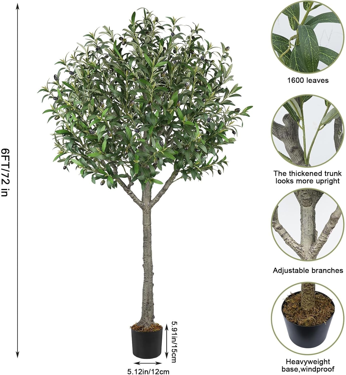 Faux Olive Tree 6ft Tall Faux Trees Fake Plant with 2100 Leaves & 80 Realistic Potted Silk Artificial Olive Tree for Home Porch Garden Living Room Office Decor