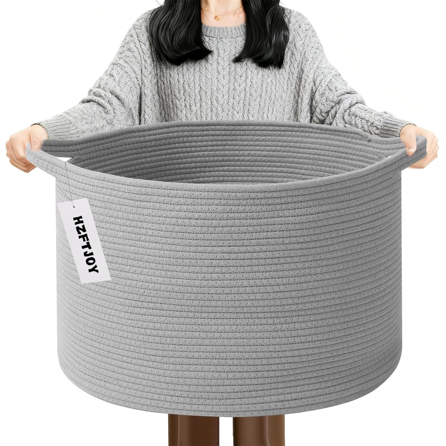 Large Woven Blanket Basket,65L Cotton Rope Laundry Basket Hamper with Handles, Decorative Nursery Basket Storage Bin for Toys, Clothes Organizer, Living Room, Bedroom, Bathroom, White & Brown