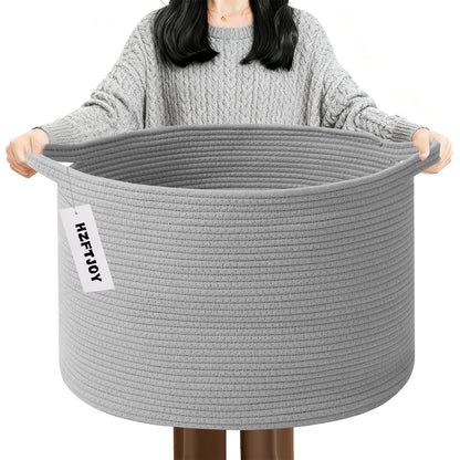 Large Woven Blanket Basket,65L Cotton Rope Laundry Basket Hamper with Handles, Decorative Nursery Basket Storage Bin for Toys, Clothes Organizer, Living Room, Bedroom, Bathroom, White & Brown