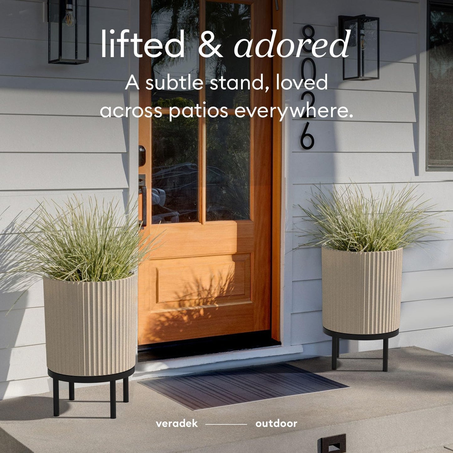 Veradek Demi Series Round Planter w/ Stand for Porch/Patio | Durable Plastic-Concrete & Wooden Stand | Modern Décor for Tall Plants, Flowers