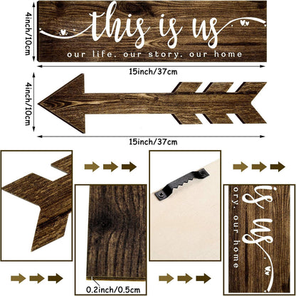 Jetec 4 Pcs Wooden Arrow Wall Decor This Is Us Our Life Rustic Family Signs for Home Wall Decor Home Wooden Hanging Sign for Farmhouse Living Room, 15 x 4 x 0.2 Inch(Brown)