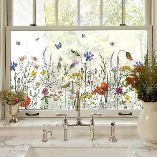 ADD.HERES Window Privacy Film,Colorful Floral Window Stickers,Removable DIY Bouquet Static Clings, Decals for Home School Office Party Supplies, Wildflower Reverie‌, 17.5 x 78.7 in