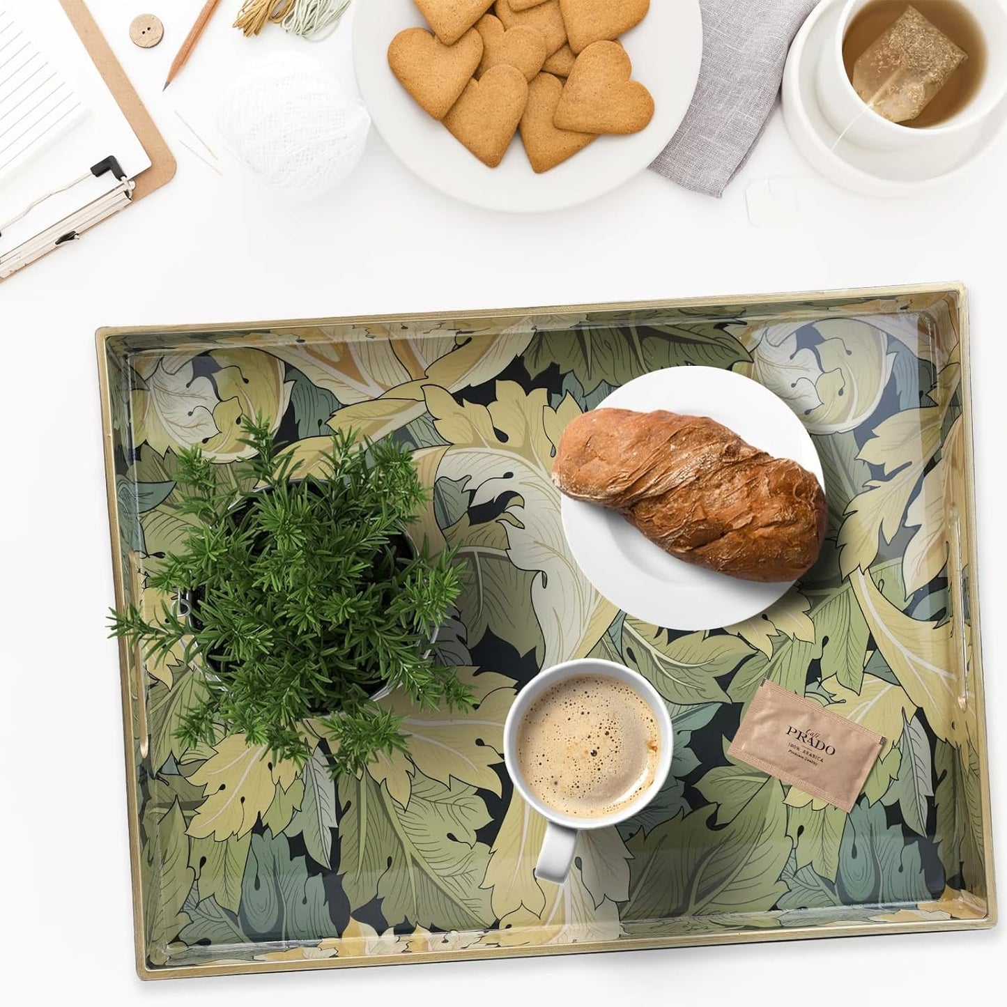 Spsyrine Serving Tray with Handles, Plastic Decorative Tray for Coffee Table, Living Room, Home Decor, Dianthus