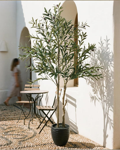 KOL 5.2ft Artificial Olive Tree Indoor, Tall Faux Olive Trees, Fake Olive Tree Floor Plant for Home Office Living Room Decor with Matte Black Pot
