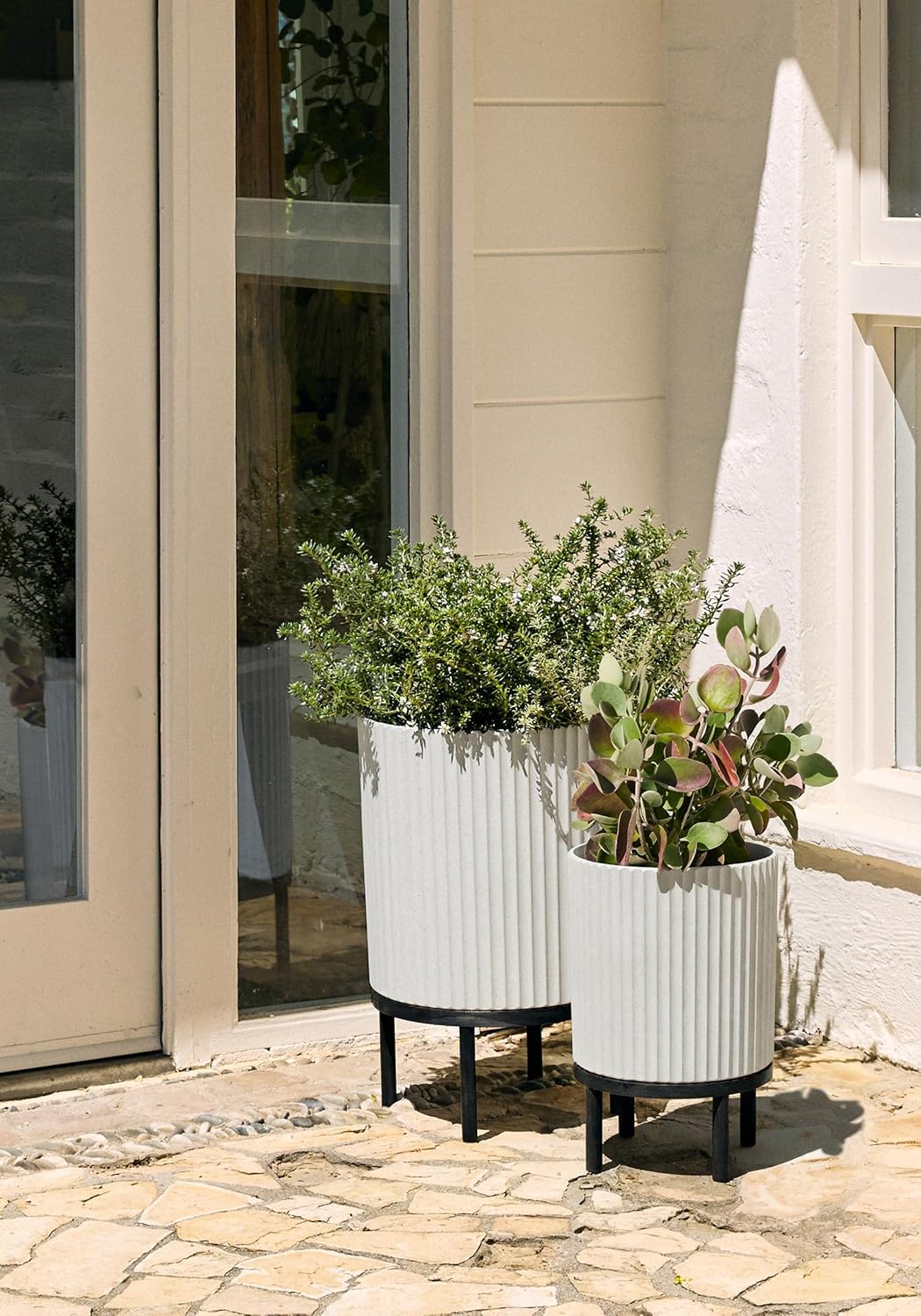 Veradek Demi Series Round Planter w/ Stand for Porch/Patio | Durable Plastic-Concrete & Wooden Stand | Modern Décor for Tall Plants, Flowers