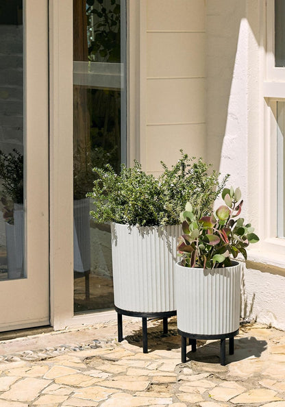 Veradek Demi Series Round Planter w/ Stand for Porch/Patio | Durable Plastic-Concrete & Wooden Stand | Modern Décor for Tall Plants, Flowers