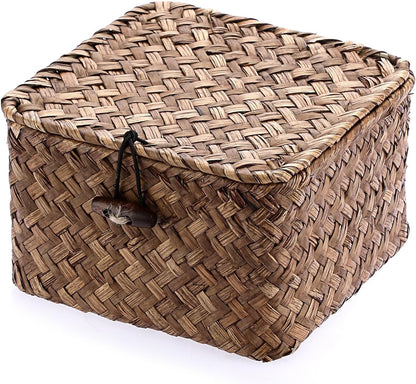 Hipiwe Seagrass Basket with Lid Wicker Storage Basket Square Handwoven Decorative Baskets Box for Shelf Multipurpose Household Baskets Home Decor,X-small