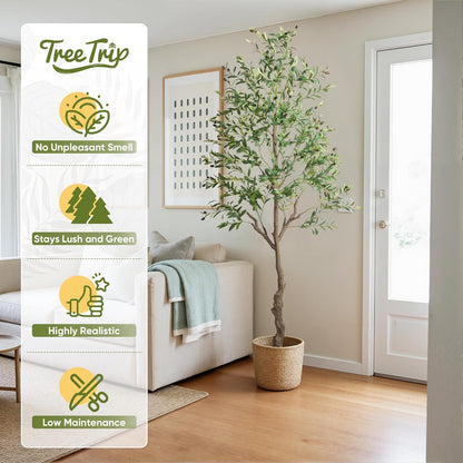 Olive Tree Artificial Indoor, 7 FT Faux Olive Trees with Planter, Fake Tall Plants with Natural Trunk and Lifelike Fruits for Home Office Decor(1, 7FT)