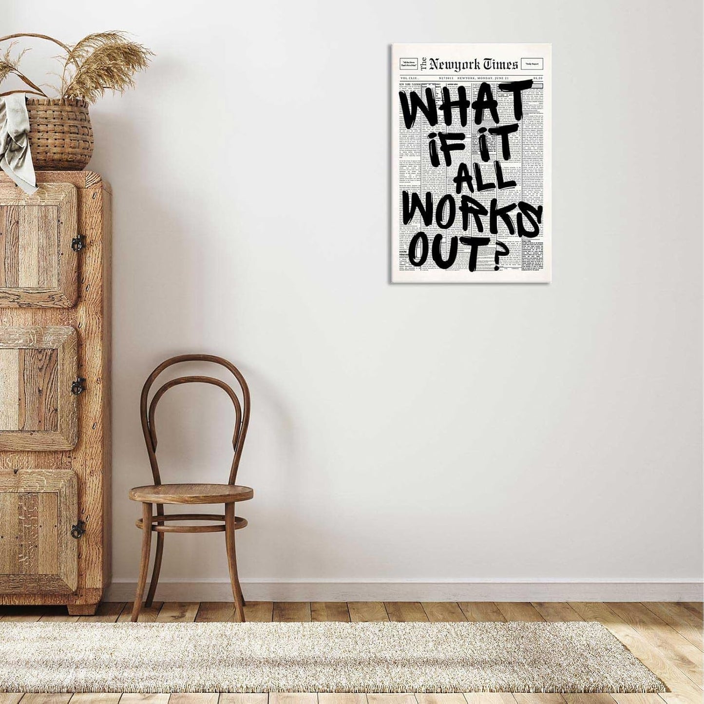 Retro Black And White Newspaper Poster What If It All Works Out Canvas Wall Art Positive Affirming Quote Minimalist Prints Painting For Home Bedroom Dorm Wall Decor 12x16in Unframed