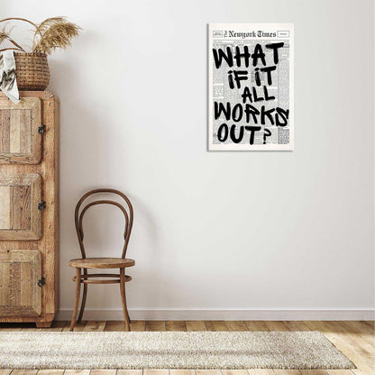 Retro Black And White Newspaper Poster What If It All Works Out Canvas Wall Art Positive Affirming Quote Minimalist Prints Painting For Home Bedroom Dorm Wall Decor 12x16in Unframed