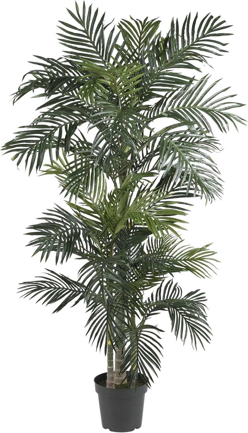 Nearly Natural 6.5ft Artificial Golden Cane Palm Tree, Lifelike Silk Indoor Palm With Three Textured Trunks Flexible Fronds Nursery Planter, Low Maintenance