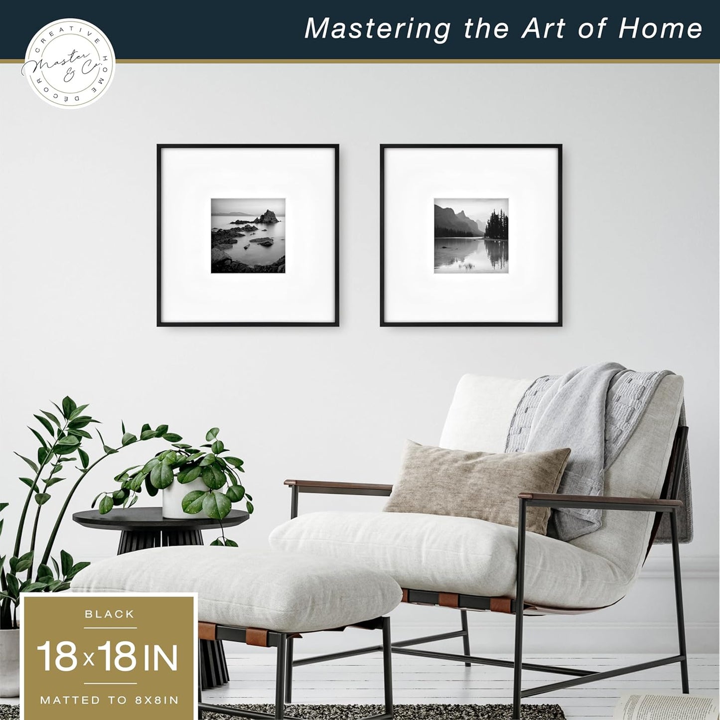 MCS Master & Co. Foundry Metal 18x18 Matted Picture Frame with 8x8 Photo Display, Black Vertical & Horizontal Wall Hanging Frame for Photos & Artwork (1-Pack)