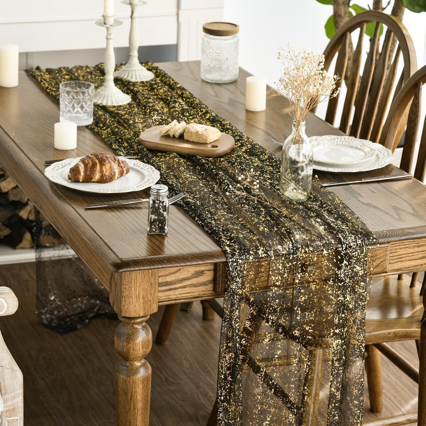 Artoid Mode Beige Gold Gauze Table Runner 120 Inch 10FT, Glitter Metallic Foil Sheer Dining Wedding Anniversary Holiday Birthday Table Decor for Home Party