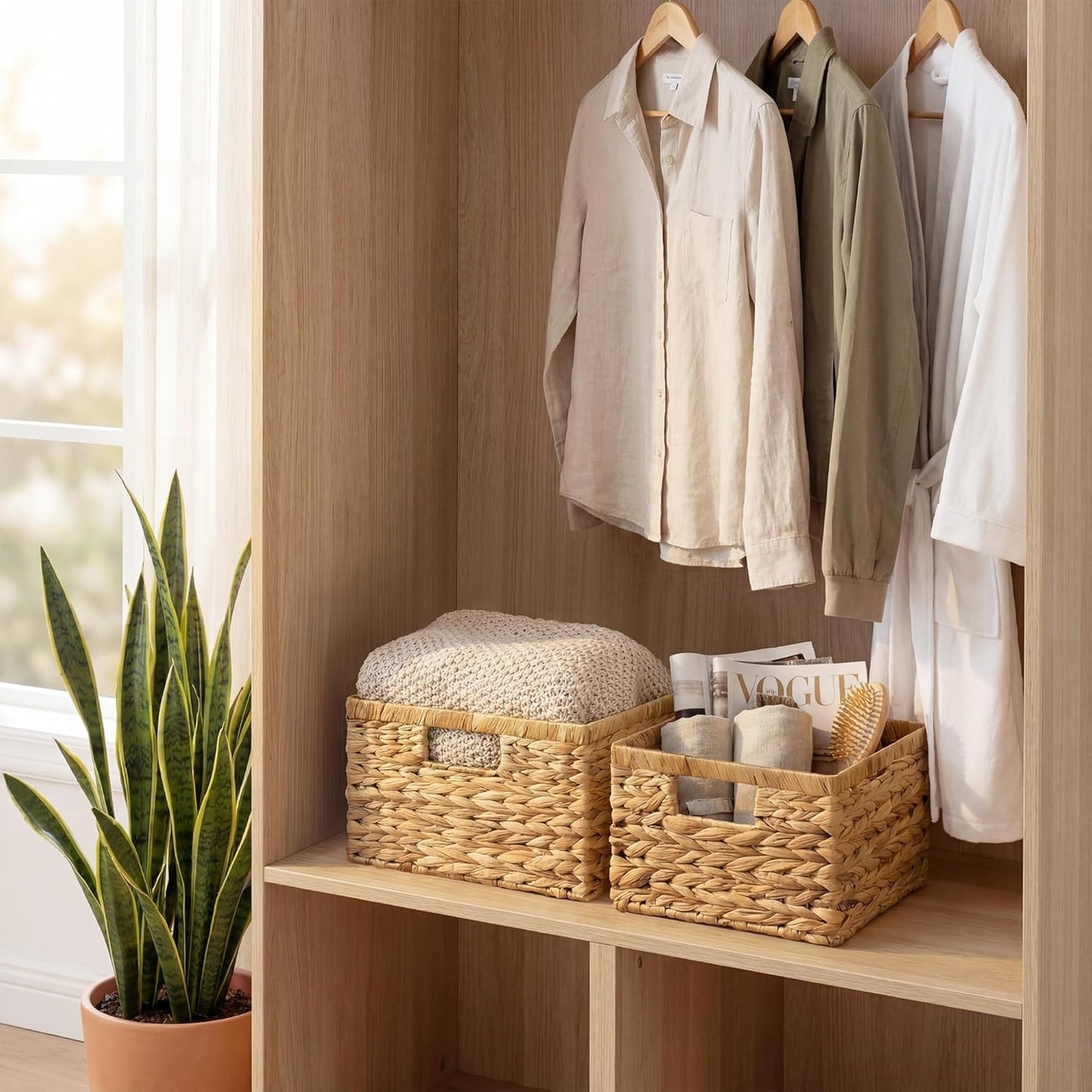 StorageWorks Wicker Basket, Baskets for Organizing, Storage Basket with Built-in Handles, Water Hyacinth Shelves (Medium 2-Pack, Natural Hyacinth)