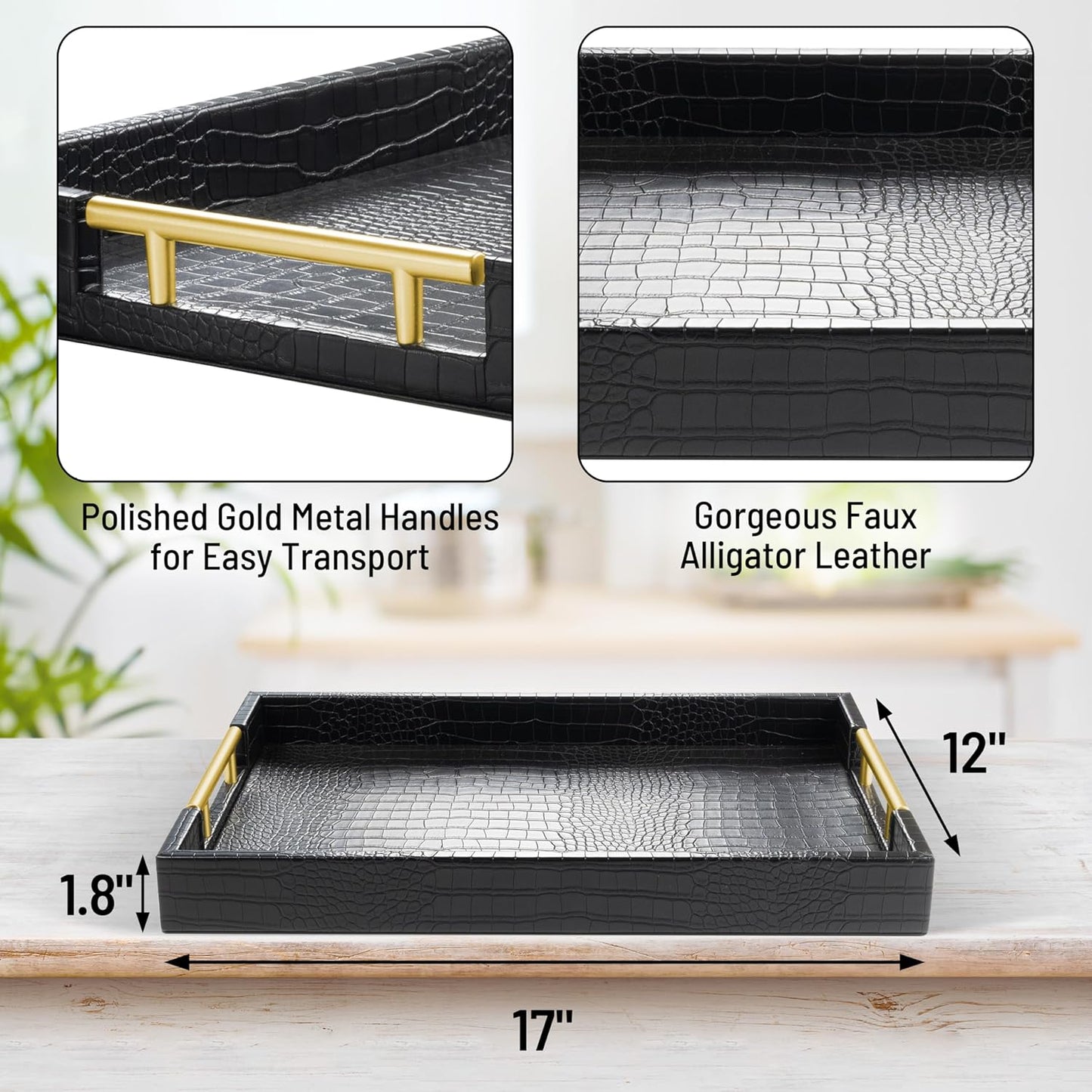 ATZYmolin 17" x 12" Wood Serving Tray with Gold Polished Metal Handles, Home Decorative Wooden Rectangle Ottoman Leather Decor Platter Bathroom Vanity Tray for All Occasions White
