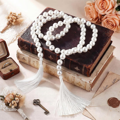 Quelay 58 Inch Pearl Glass Bead Garland 16mm with Tassels Elegant Boho Wedding Table Decor Healing Bead Prayer Fringe Wall Shelf Hanging for Wedding Party Farmhouse Rustic Home Decoration(Beige)