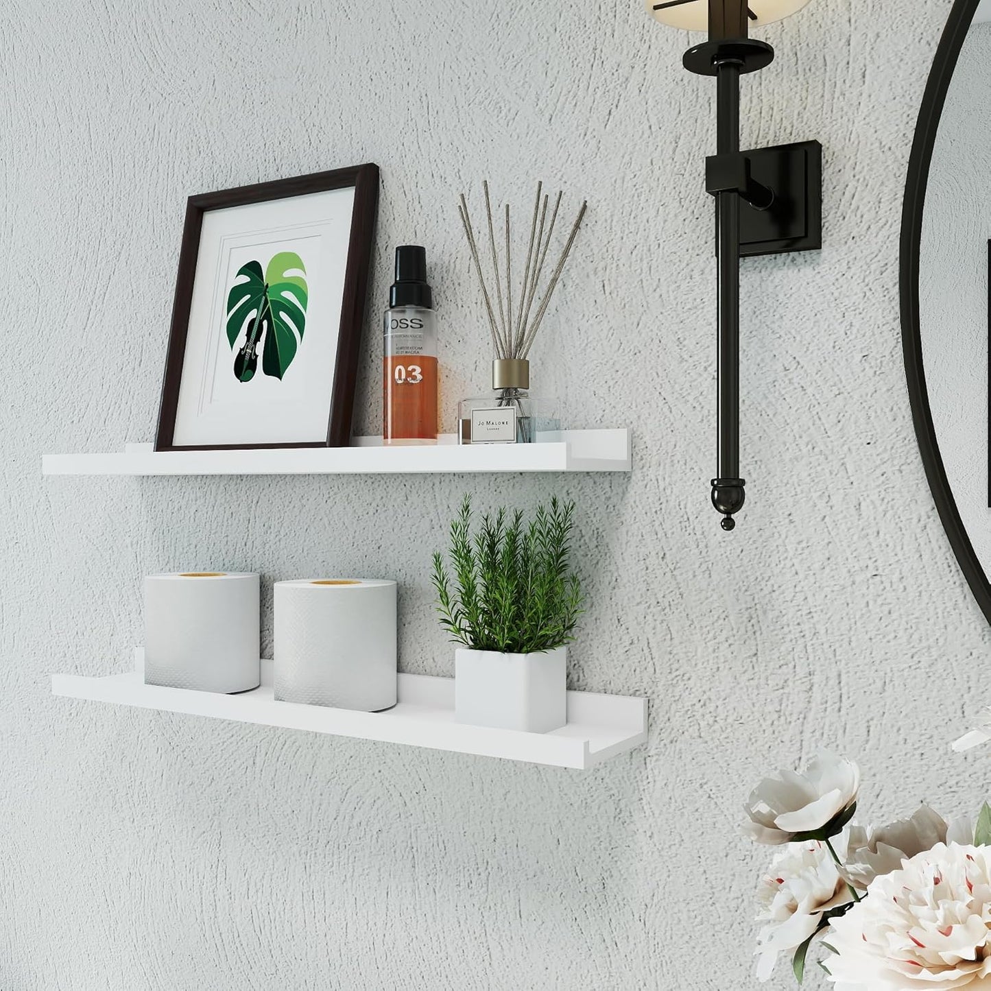 White Floating Shelves for Wall Decor, Wall Mounted Wood Storage Shelf for Bedroom, Living Room, Bathroom, Kitchen, Nursery, Display Picture Ledge Shelf with Lip Set of 2-14 Inches, White