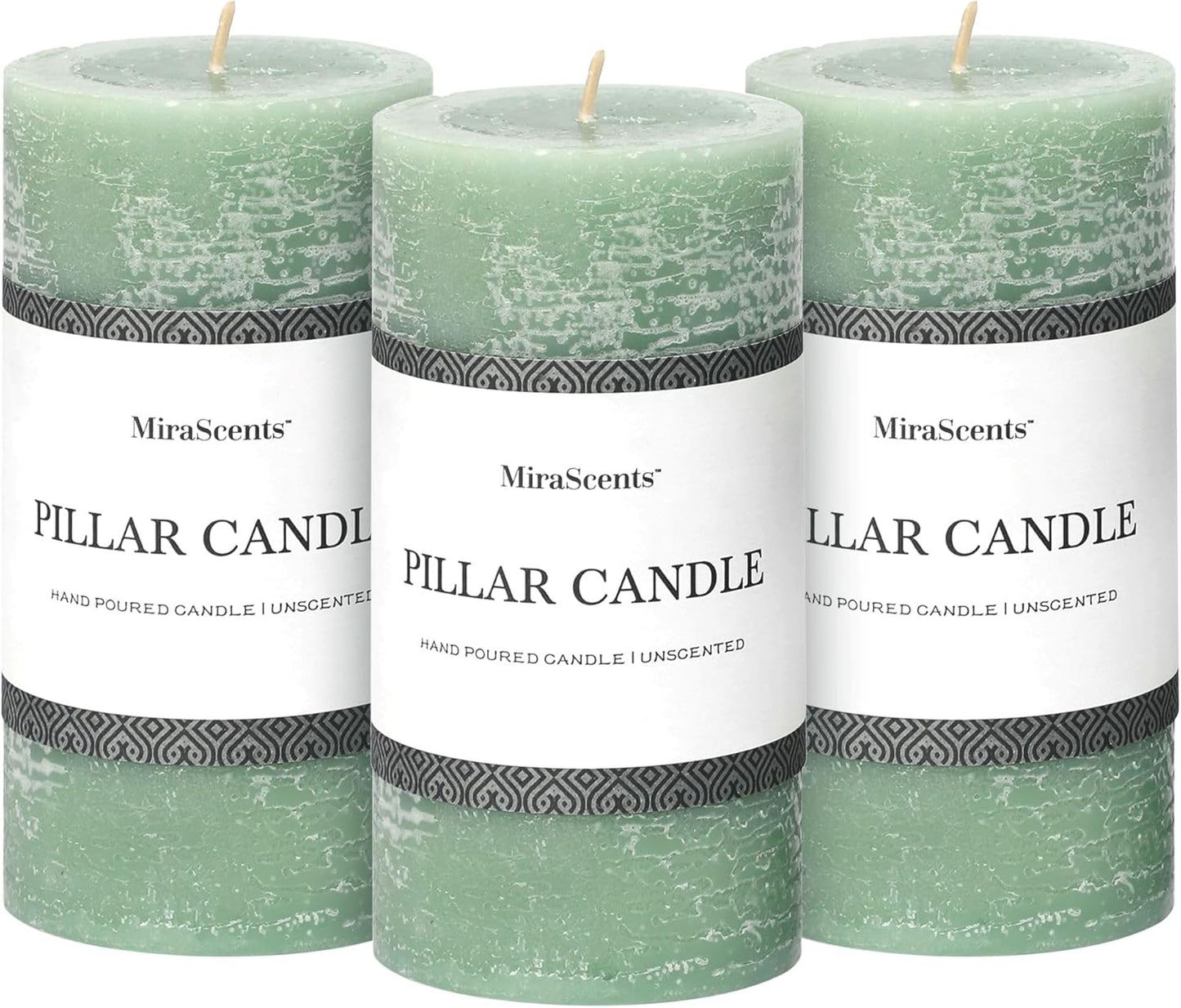 3x6 Inch Sage Green Pillar Candles Set of 3 - Unscented Spring, Long Clean Burning, Large Smokeless Dripless for Home Decor, Dinner Table, Bathroom, Rustic Decor