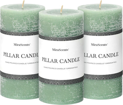 3x6 Inch Sage Green Pillar Candles Set of 3 - Unscented Spring, Long Clean Burning, Large Smokeless Dripless for Home Decor, Dinner Table, Bathroom, Rustic Decor
