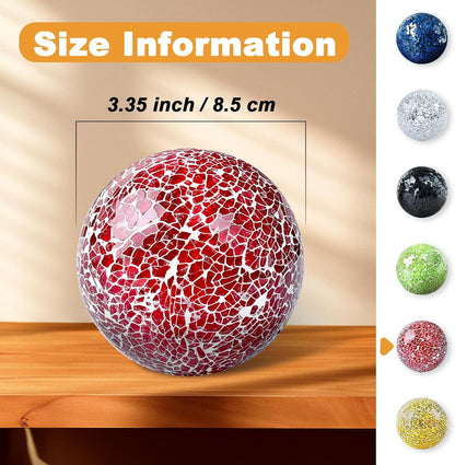 3 Pack Blue Decorative Orbs Mosaic Crack Glass Balls Decor Solid Sphere Globe Bowl Vase Fillers Holiday Living Room Mantle Basket Centerpiece 3.35 Inch