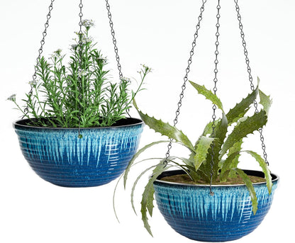 Vanslogreen 2 Pack Hanging Planters for Indoor Outdoor Plants, 10 Inch Hanging Planter with Drainage Hole & Plug Glazed Hanging Baskets Flower Pots for Garden Home (Blue)