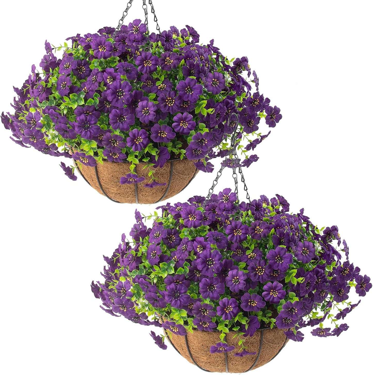 Hananona 2 Set Artificial Outdoor Flowers with Hanging Basket, 2 Hanging Planters with 24 Pcs Flowers for Spring Summer Front Porch Garden Patio Home Decor (2, Red, Purple, Yellow, Rose Red)