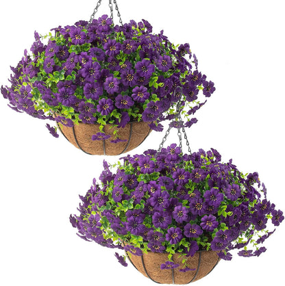 Hananona 2 Set Artificial Outdoor Flowers with Hanging Basket, 2 Hanging Planters with 24 Pcs Flowers for Spring Summer Front Porch Garden Patio Home Decor (2, Red, Purple, Yellow, Rose Red)