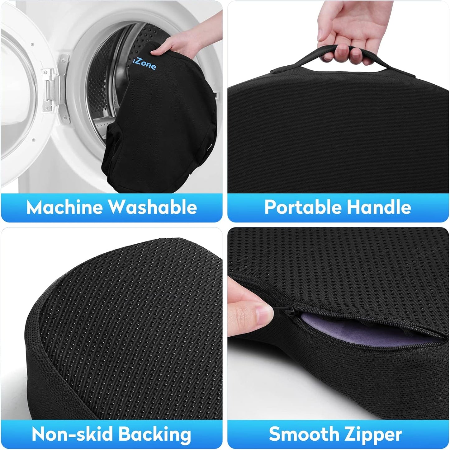 CushZone Seat Cushion - Memory Foam Office Chair Cushion for Sciatica, Tailbone & Back Pain Relief - Orthopedic Coccyx Pillow for Car, Airplane, Pregnancy & Long Sitting at Work, Black
