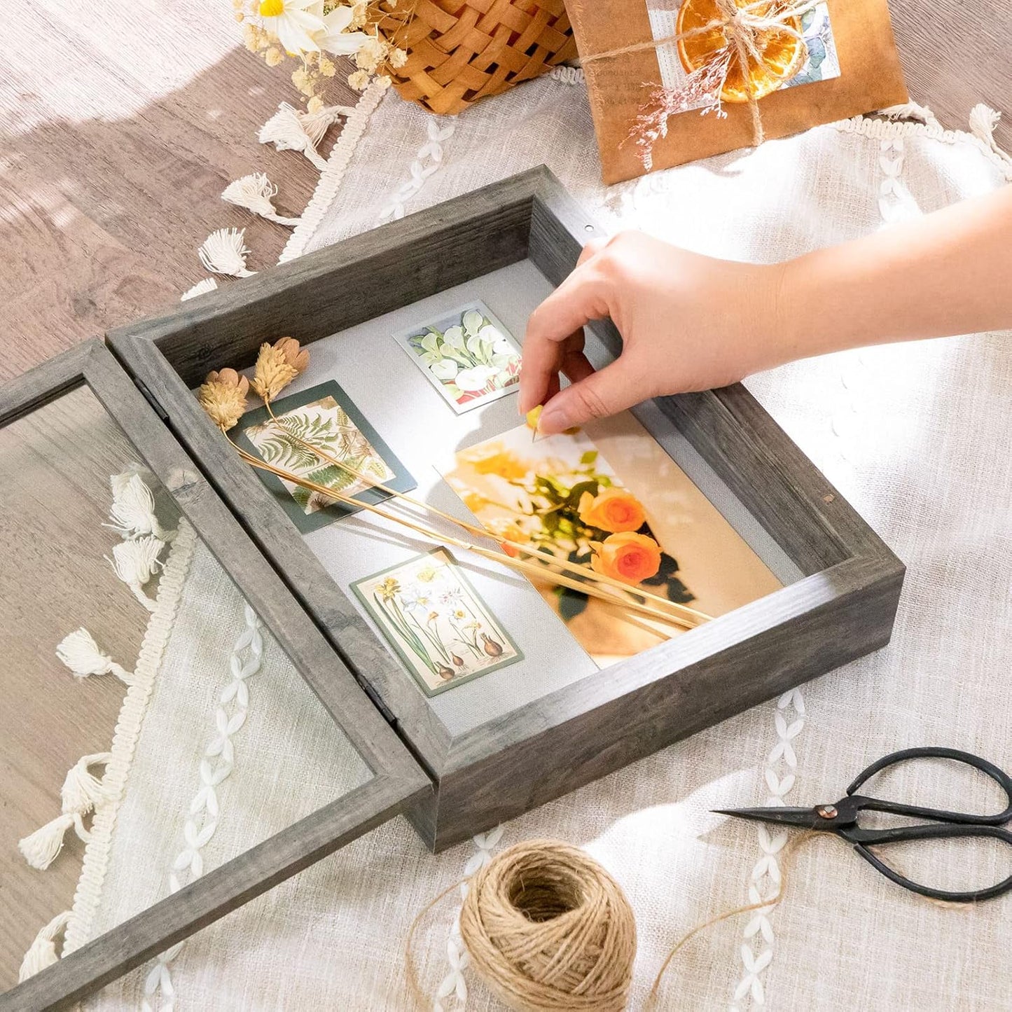Califortree 8x10 Shadow Box Frame with Linen Back - Sturdy Rustic Memory Display Case of Flower, Pictures, Medals and More, White