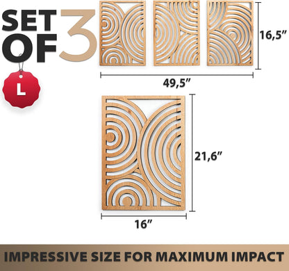 qmmp Modern Wooden Wall Sculptures - Set of 3 - Home Decor Accent - Large Wall Art for Living Room, Bedroom, Office - Easy Installation (Oak, Medium - Mountain and Sun)