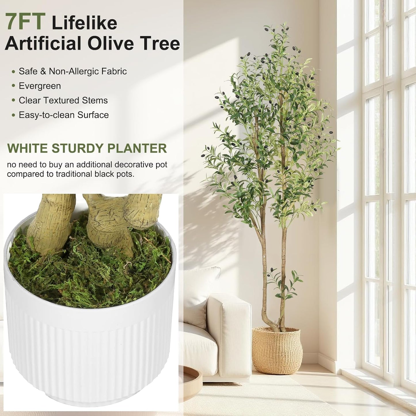 HZXGCP 6ft Artificial Olive Tree Indoor, Fake Olive Tree with White Pot, Faux Olive Tree with Dense Leaves & Realistic Fruits, Tall Artificial Plant for Home Living Room Office Entryway Decor