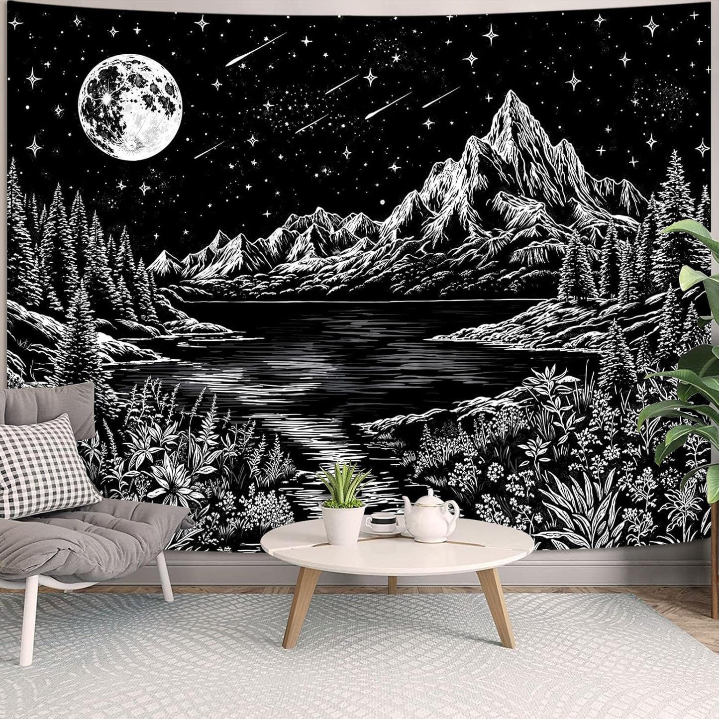 Zussun Black and White Tapestry Starry Night Mountain Tapestries for Bedroom Aesthetic Moon and Stars Tapastry's Wall Hanging Dark Nature Forest Wall Tapestry for Living Room Dorm (48'' × 36'')