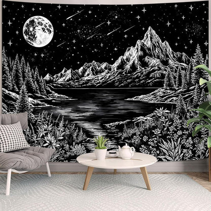Zussun Black and White Tapestry Starry Night Mountain Tapestries for Bedroom Aesthetic Moon and Stars Tapastry's Wall Hanging Dark Nature Forest Wall Tapestry for Living Room Dorm (48'' × 36'')