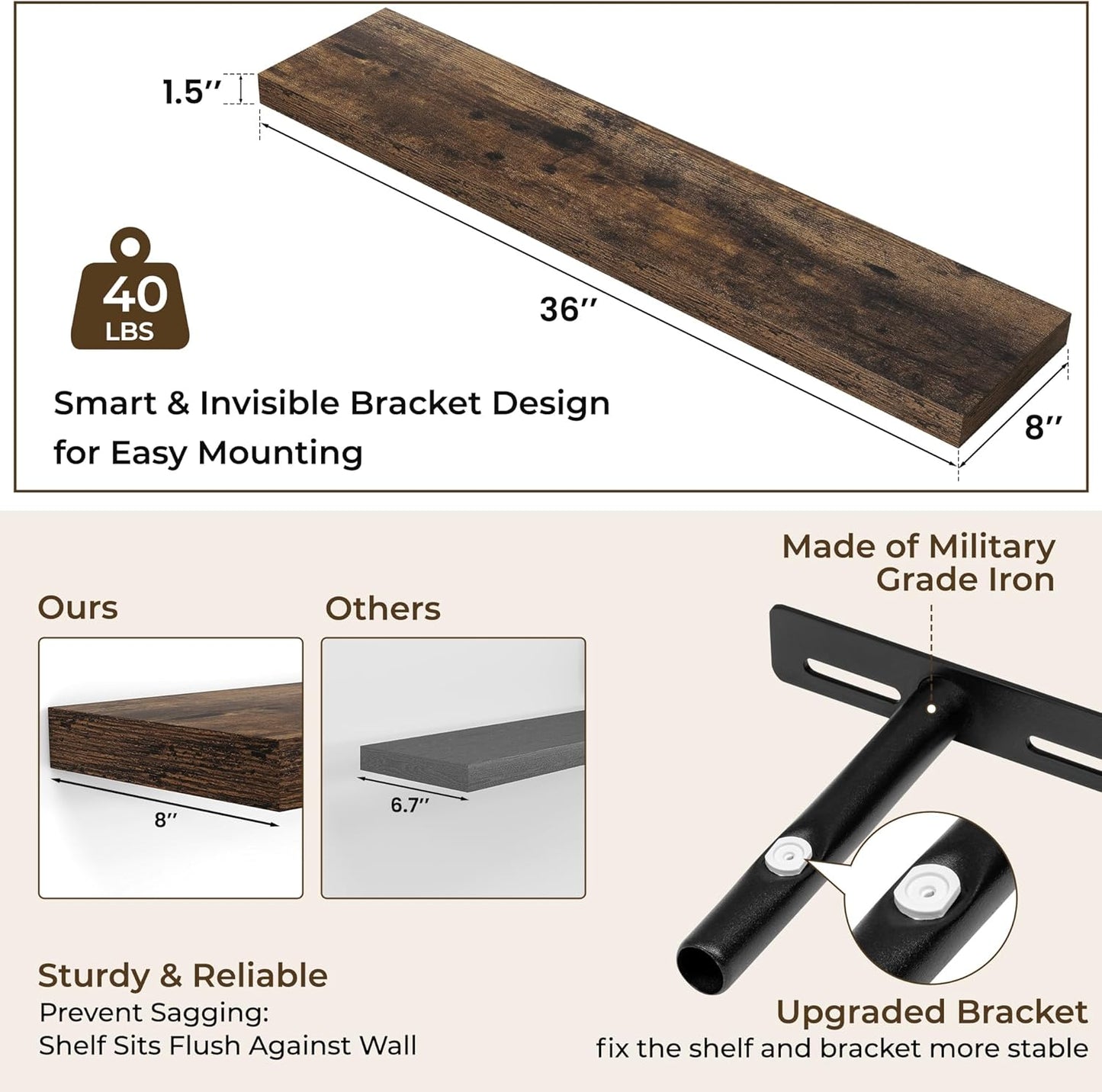 RICHFOCUS 72Inch Floating Shelves for Wall 2 Pack Shelves for Bedroom|Kitchen|Bathroom Wall Mounted Rustic Wood Floating Shelf with Invisible Brackets for Books|Storage|Decor, Rustic Brown