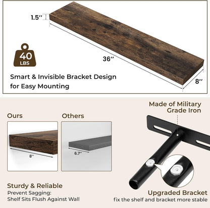 RICHFOCUS 72Inch Floating Shelves for Wall 2 Pack Shelves for Bedroom|Kitchen|Bathroom Wall Mounted Rustic Wood Floating Shelf with Invisible Brackets for Books|Storage|Decor, Rustic Brown