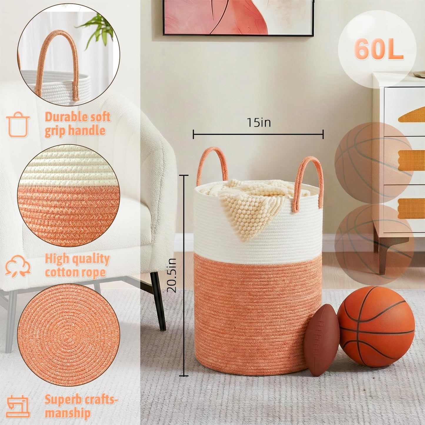 Artfeel Laundry Basket,Woven Cotton Rope Laundry Hamper,60L for Decor Storage of Dirty Clothes,Toys and Blankets in Bathroom,Baby Room and Living Room