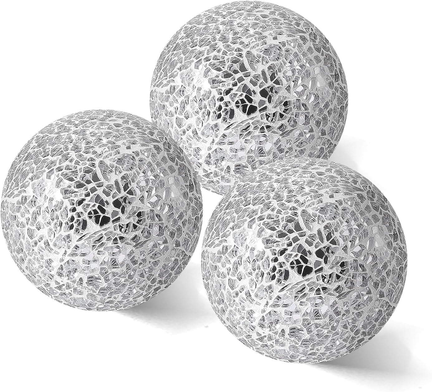 4in Decorative Mosaic Sphere Orbs Set of 3, Glass Balls for Whole Housewares,Wedding/Birthday,Bowls,Vases Dining Table Centerpieces(Silver,Black,Blue)