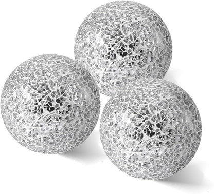 4in Decorative Mosaic Sphere Orbs Set of 3, Glass Balls for Whole Housewares,Wedding/Birthday,Bowls,Vases Dining Table Centerpieces(Silver,Black,Blue)