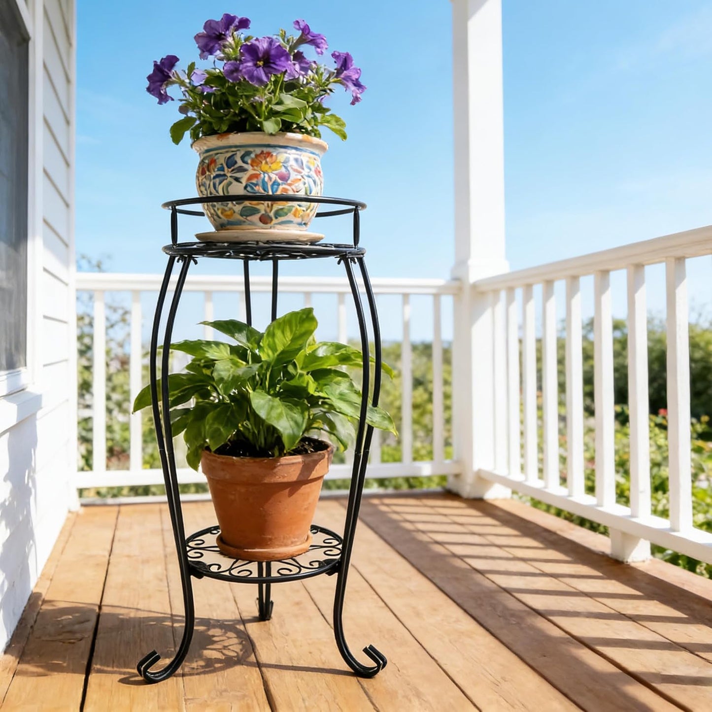 CASIMR 2-Pack Plant Stand, 2 Tier 19.2 inch Tall Metal Potted Holder Rack,Indoor Outdoor Multiple Flower Pot Shelf Rustproof Iron Garden Container for Garden Patio Living Room Corner Balcony, Black