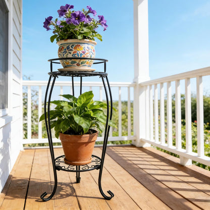 CASIMR 2-Pack Plant Stand, 2 Tier 19.2 inch Tall Metal Potted Holder Rack,Indoor Outdoor Multiple Flower Pot Shelf Rustproof Iron Garden Container for Garden Patio Living Room Corner Balcony, Black
