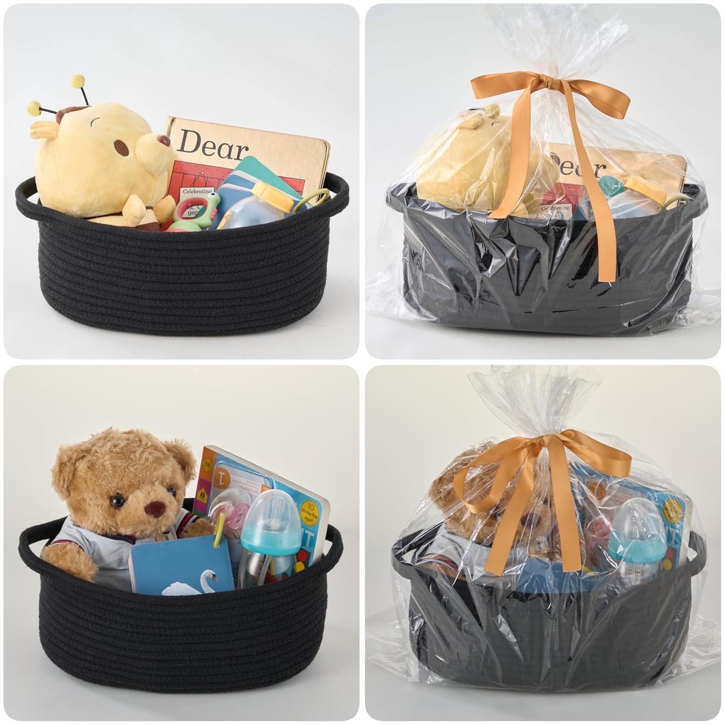 Small Woven Gift Basket Empty with Bag & Ribbon - Gifts for Mom, Baby Shower, Birthdays & Raffle - Cotton Rope Storage Basket for Dog Toys or Shelf - 12"x8"x5", White