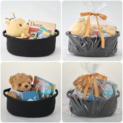 Small Woven Gift Basket Empty with Bag & Ribbon - Gifts for Mom, Baby Shower, Birthdays & Raffle - Cotton Rope Storage Basket for Dog Toys or Shelf - 12"x8"x5", White