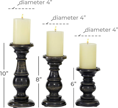 Deco 79 Mango Wood Decorative Candle Holder Distressed Turned Pillar Candle Stand, Set of 3 Candlestick Holder 6", 8", 10"H, Light Blue