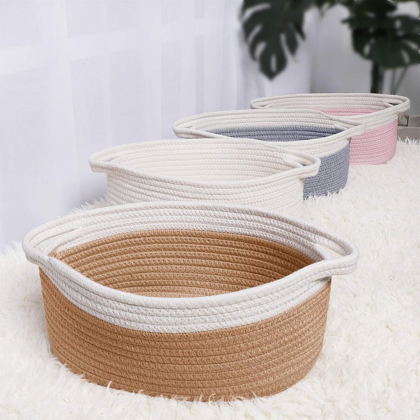 ABenkle Small Basket with Handles, Boho Decorative Rope Woven Dog Cat Toy Storage Bin Shelf Storage Organizer, Easter Christmas Gift Basket, 12"x8"x5", White