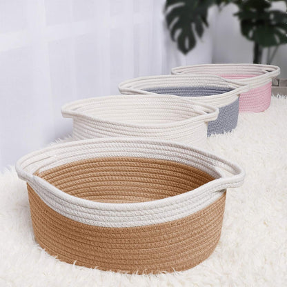 ABenkle Small Basket with Handles, Boho Decorative Rope Woven Dog Cat Toy Storage Bin Shelf Storage Organizer, Easter Christmas Gift Basket, 12"x8"x5", White