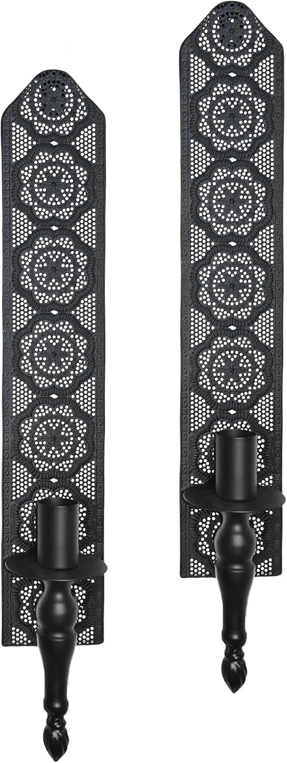 Metal Wall Candle Sconce Holder Set of 2 Hanging Wall Mounted Candle Sconces Holder, Wall Sconces Decor for Bedroom Dining Room, Black 10inch×6inch