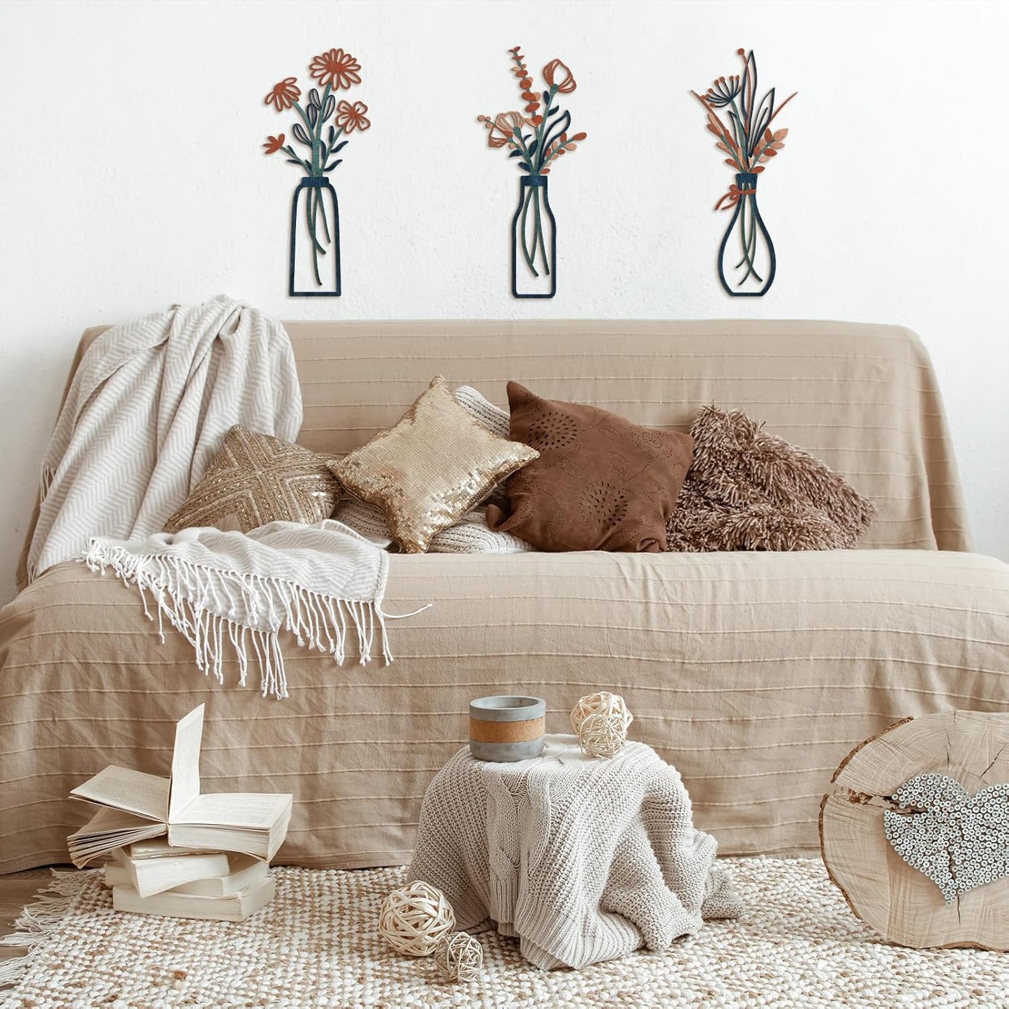 Pigort 3 Pieces Metal Flowers Wall Art- Rustic Farmhouse Decor Minimalist Decor for Living Room Bathroom Bedroom Dining Room, Housewarming Gifts Christmas Decoration(Beige, Vase-C)