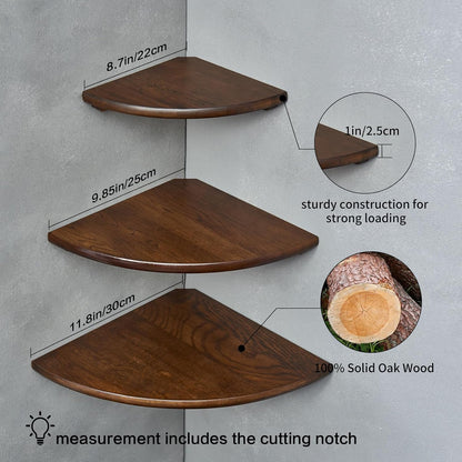Corner Shelves, Floating Corner Shelf, Set of 2 7inch Solid Oak Wood Wall Shelves, Round End Wall Mount with Wire Hole Shelving for Small Plant for Bedroom Kitchen, Living Room